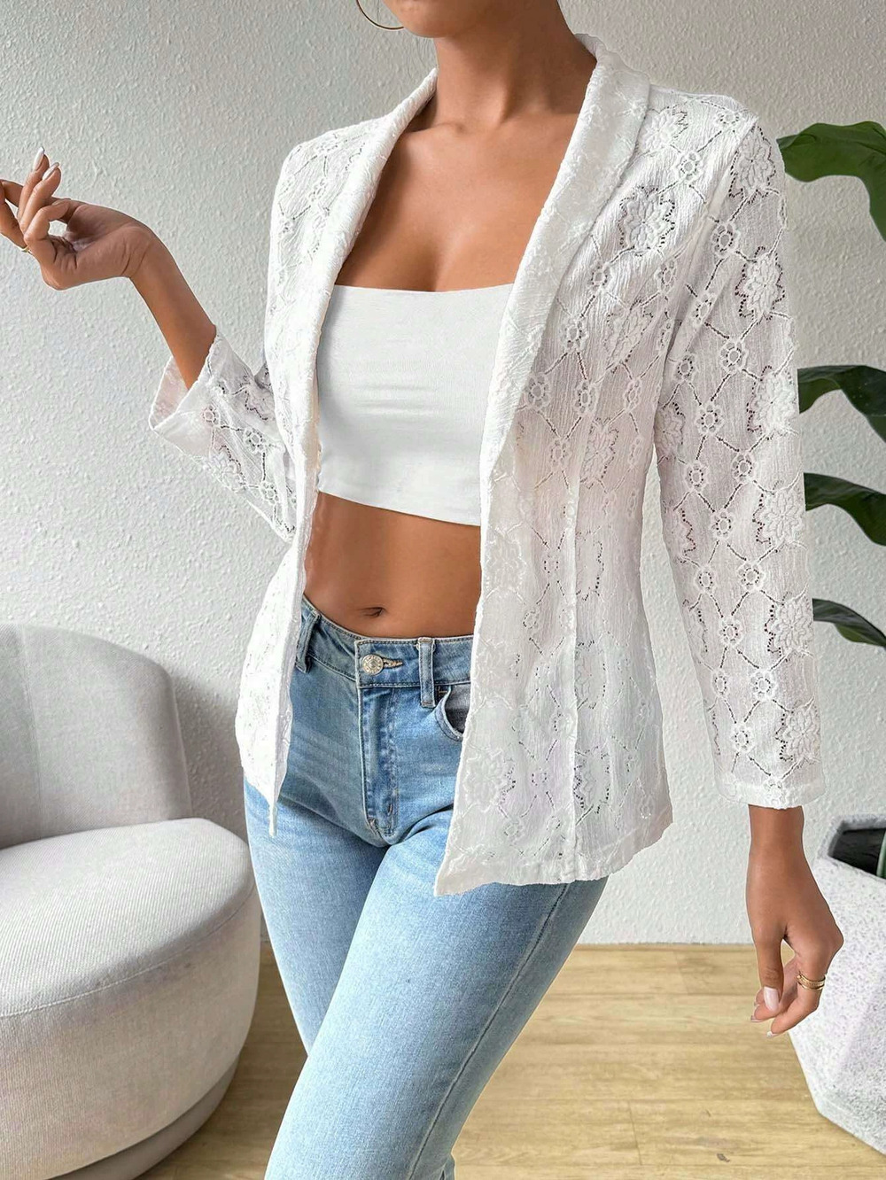 Zara Fall Winter Solid Lace Sleeve Notch Lapel Casual Blazer